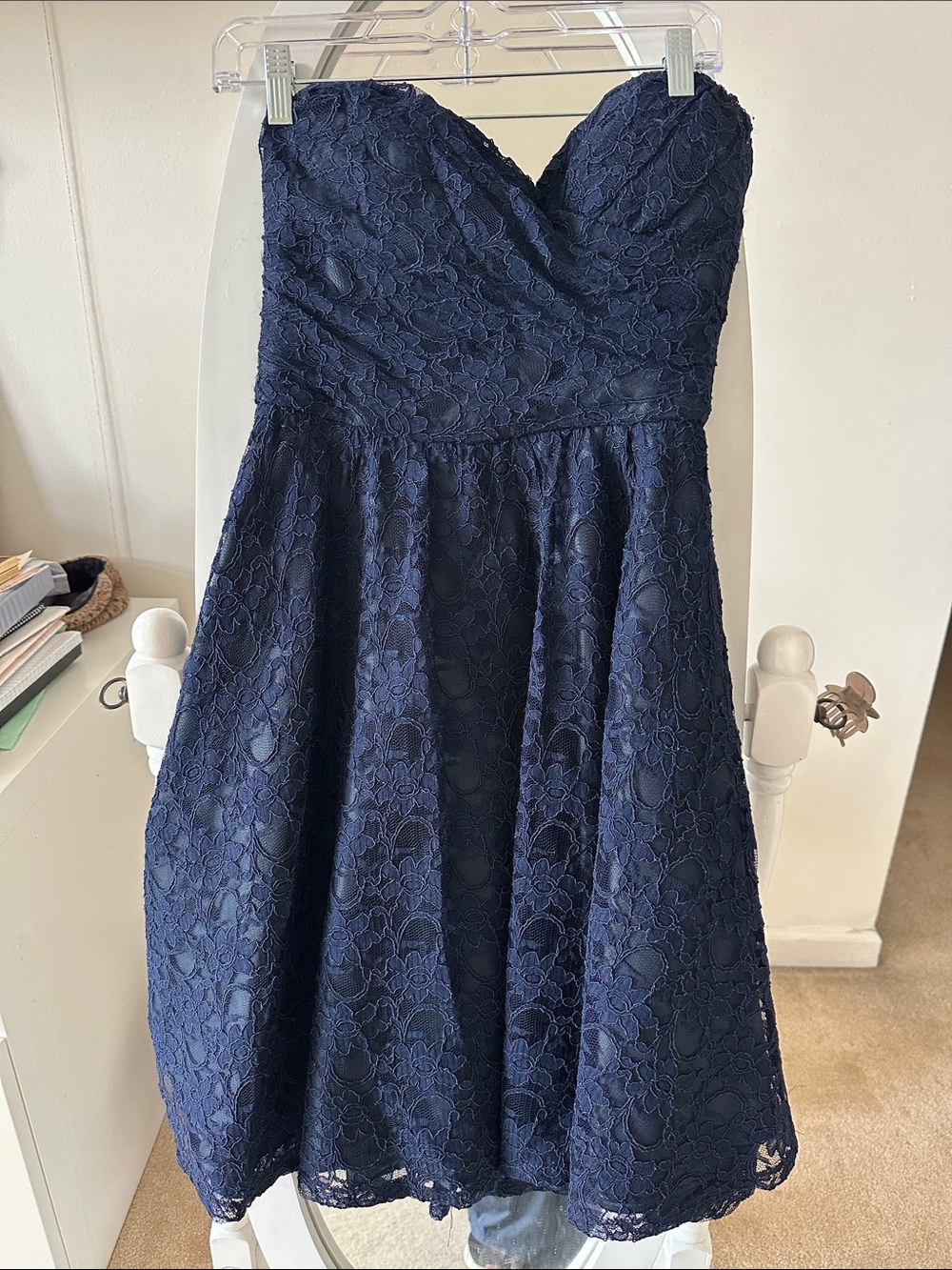 MARINA Navy Lace Strapless Sweetheart Dress